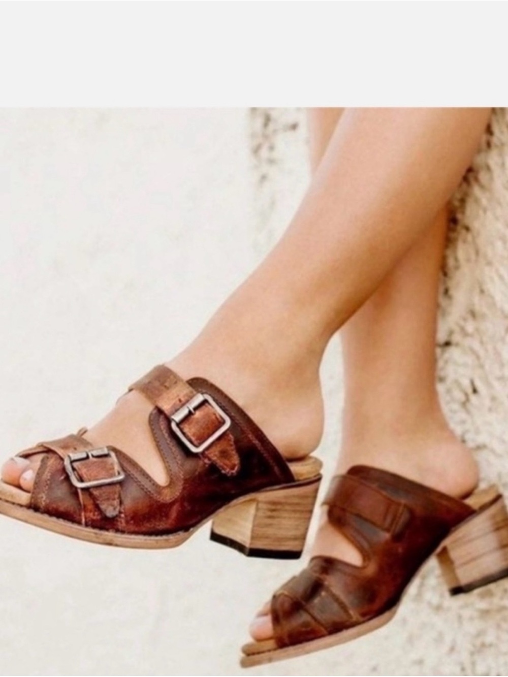 Freebird Caprice Distressed Brown Leather Western Double Buckle Slip On Sandal 9